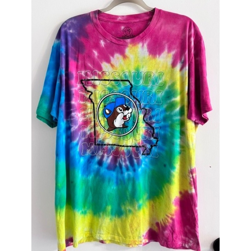 Buc-ee's Missouri Tie Dye T-Shirt Mens Large Rainbow Beaver Mascot Souvenir Tee